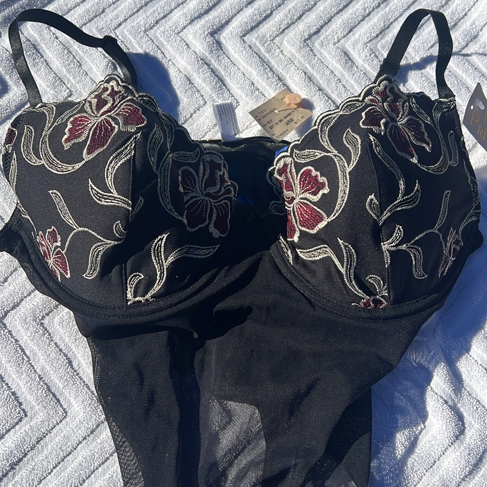 NWT Size Large Cup Lady Princess Black high cut bodysuit with embroidery.